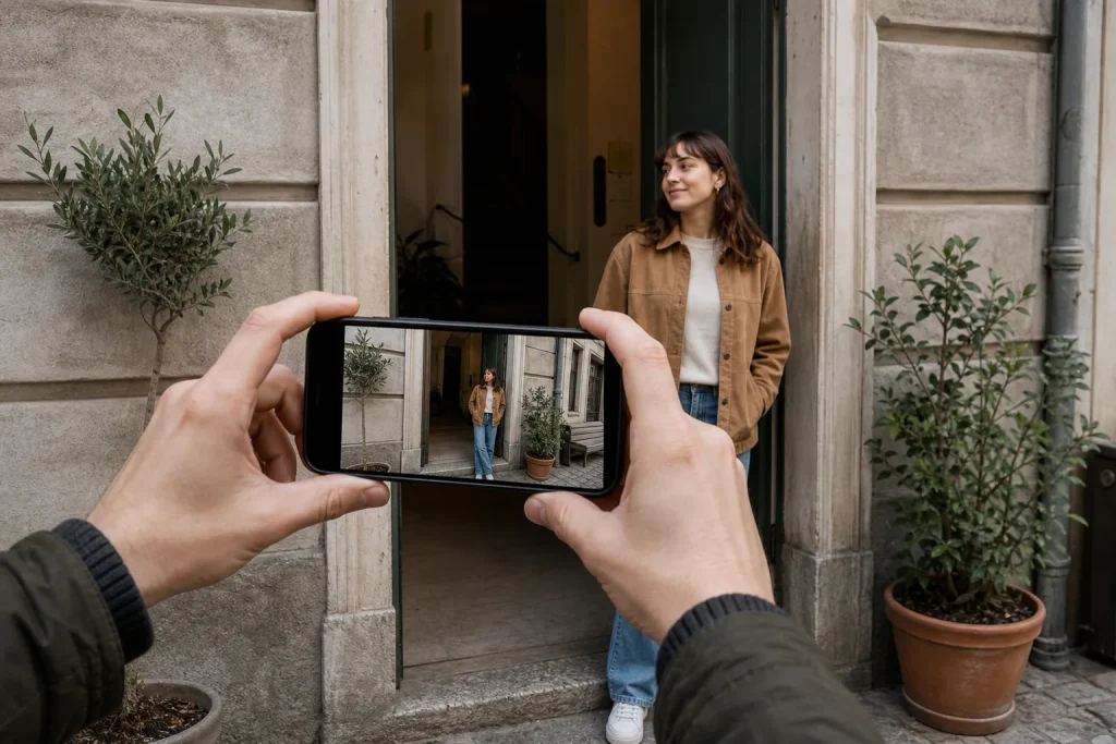Person standing in doorway framed by plants seen through smartphone screen held by another person