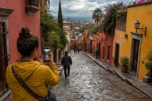 Woman in yellow jacket taking photo with smartphone on cobblestone street with colorful buildings