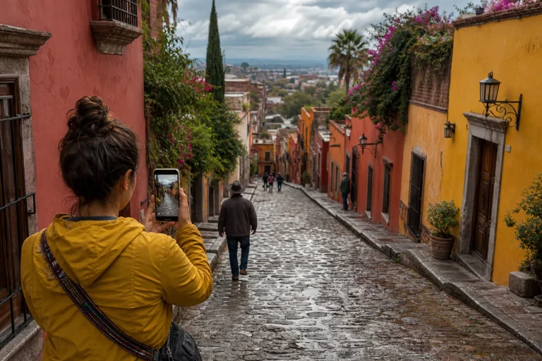 Woman in yellow jacket taking photo with smartphone on cobblestone street with colorful buildings
