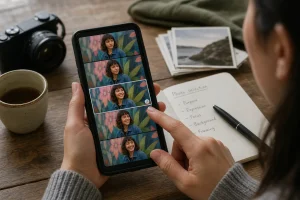 Person holding smartphone showing multiple similar portrait photos of woman with floral background on wooden table