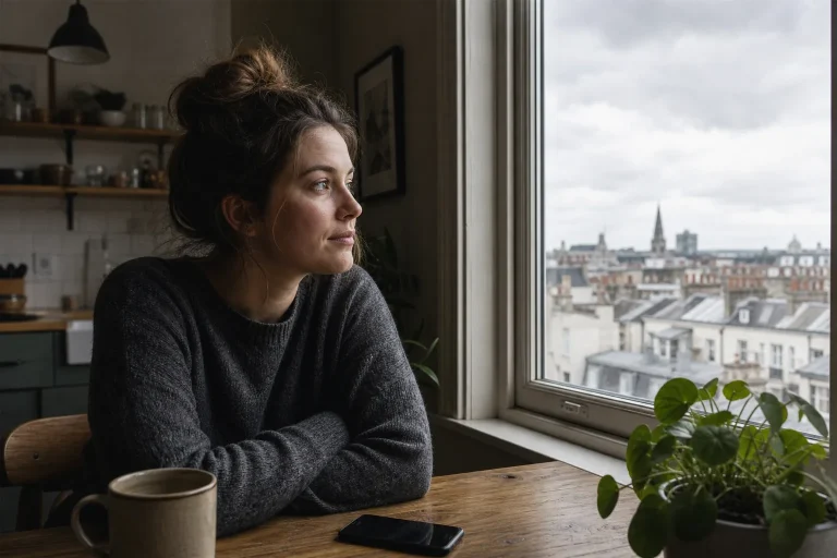 Woman in gray sweater sitting at wooden table looking out a window at an overcast cityscape