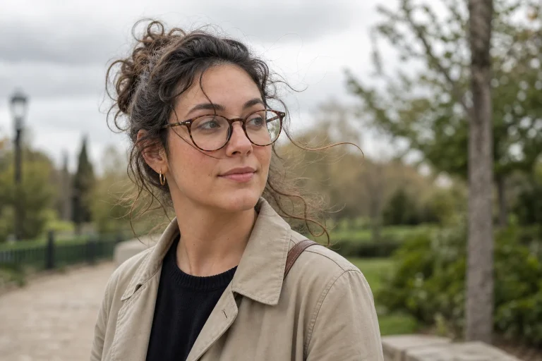 Young woman with curly hair pulled up, wearing glasses and beige jacket outdoors in a park